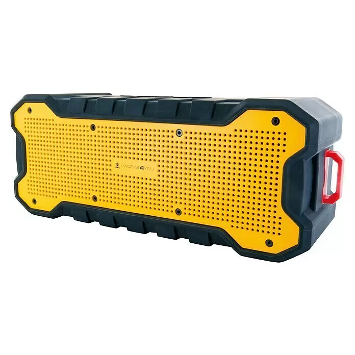 Schwaiger Bluetooth-Lautsprecher Outdoor - Akkulaufzeit: 12 h, IP67, Schwarz/Gelb, 7,3 x 20 x 8,3 cm - Robuster gelb-schwarzer tragbarer Lautsprecher mit rotem Griff.