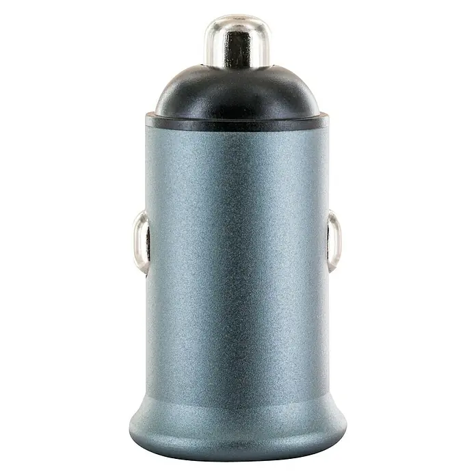 Schwaiger USB-Kfz-Ladegerät - Schwarz, USB-A-Buchse, USB-C-Buchse - Nahaufnahme eines KFZ-Ladeadapters in Silber und Schwarz mit glänzender Spitze.