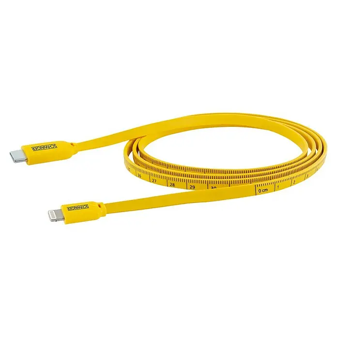 Schwaiger USB-Kabel Sync & Ladekabel mit Maßband - 1,2 m, Lightning, Schwarz/Gelb - Gelbes USB-Kabel mit Typ-C- und Lightning-Anschluss von SCHWAIGER, das gleichzeitig als Maßband dient, mit cm-Skala und aufgerollt dargestellt.