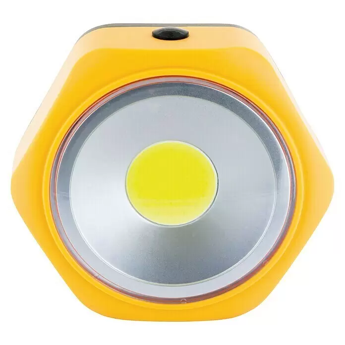 Schwaiger LED-Klemmleuchte - Batteriebetrieben, 250 lm, Lichtfarbe: Tageslichtweiß, IP20 - Gelbe sechseckige Taschenlampe mit großer, runder COB-LED-Leuchte und schwarzem Knopf oben.