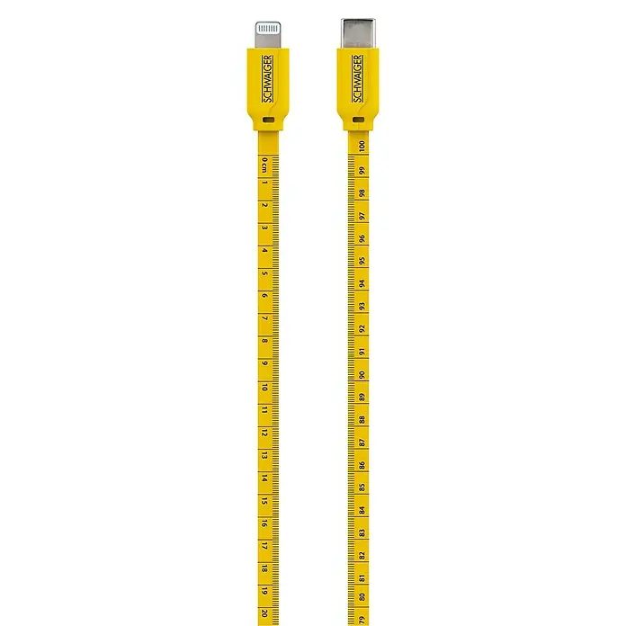 Schwaiger USB-Kabel Sync & Ladekabel mit Maßband - 1,2 m, Lightning, Schwarz/Gelb - Gelbes Ladekabel mit Lineal-Aufdruck, von 0 bis 20 cm auf der einen Seite und von 79 bis 100 cm auf der anderen Seite.