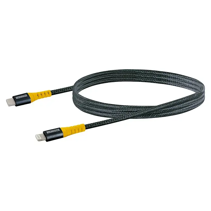 Schwaiger USB-Ladekabel - Schwarz/Gelb, Länge: 1,2 m, USB C-Stecker - Das Bild zeigt ein SCHWAIGER USB-Kabel mit USB-C- und Lightning-Anschluss, ummantelt mit einem robusten, schwarzen Textilgeflecht und gelben Schutzelementen.