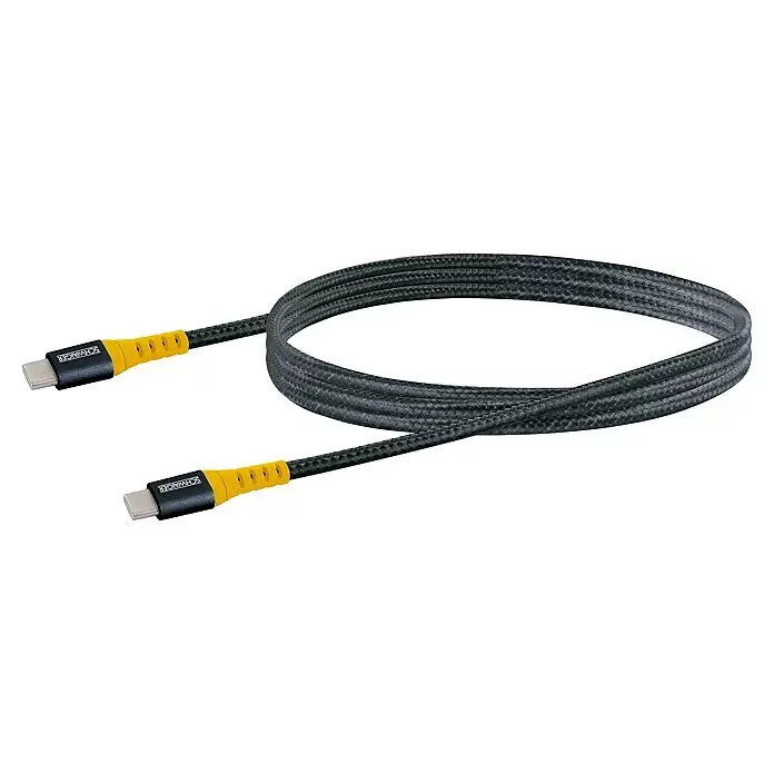 Schwaiger USB-Kabel - 1,2 m, USB C-Stecker, Schwarz - Schwarzes geflochtenes USB-C-Kabel mit gelb-schwarzen SCHWAIGER-Anschlüssen, aufgerollt.