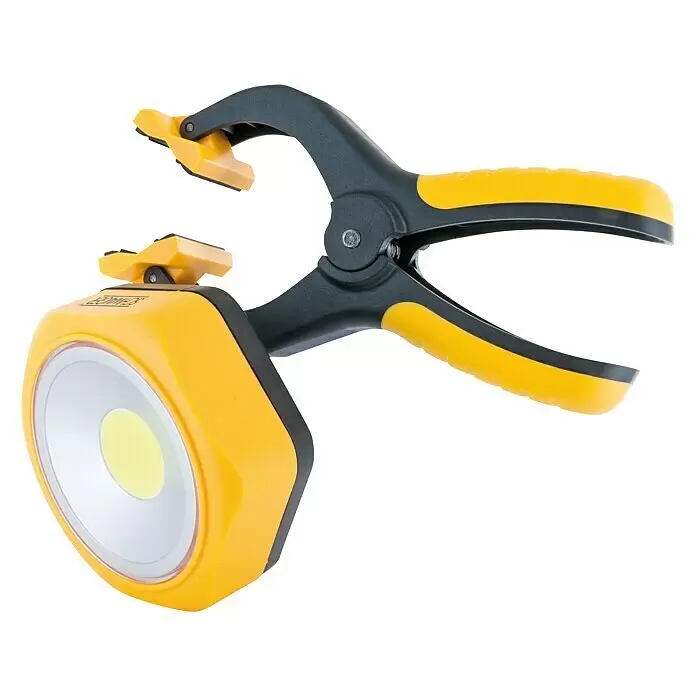 Schwaiger LED-Klemmleuchte - Batteriebetrieben, 250 lm, Lichtfarbe: Tageslichtweiß, IP20 - Gelbe und schwarze LED-Klemmarbeitsleuchte.