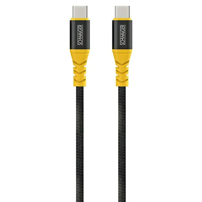 Schwaiger USB-Ladekabel - Schwarz/Gelb, Länge: 1,2 m, USB C-Stecker - Zwei USB-C-Kabel von SCHWAIGER in Schwarz und Gelb, die eine schnelle und zuverlässige Verbindung gewährleisten. Ideal für verschiedene Geräte.