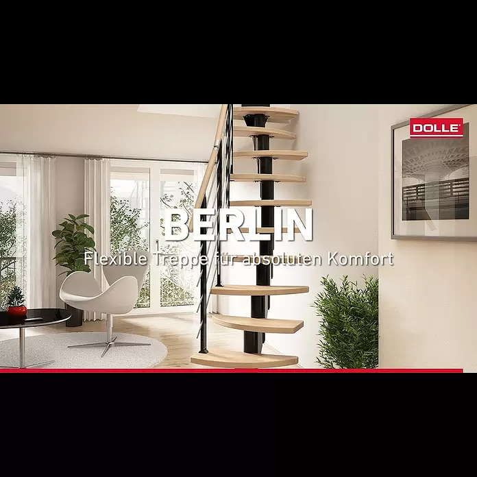 Dolle Mittelholmtreppe Berlin - Breite: 64 cm, Variabel, Perlgrau, Farbe Stufen: Eiche Weiß, Geschosshöhe: 259 cm - 315 cm - Raumspartreppe Berlin von DOLLE – Geschwungene Stufen für beschwingtes Ambiente