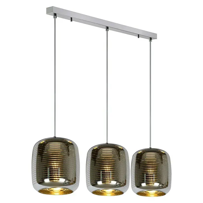 Lucide Eryn Pendelleuchte - L x B x H: 88 x 20 x 157 cm, Anzahl Leuchtmittel: 3 Stk. - Moderne Pendelleuchte mit drei Lampenschirmen in Silber und Braun, die ein stilvolles Ambiente erzeugt. Ideal für Esszimmer oder Wohnbereich.