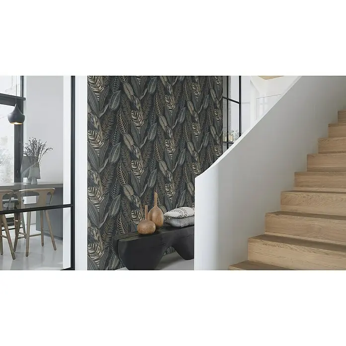 Rasch African Queen III Vliestapete Blatt - Blau- Gold, Floral, 10,1 x 0,53 m - Elegantes Interieur mit einer auffälligen Blättertapete, die dem Raum eine natürliche und stilvolle Atmosphäre verleiht.