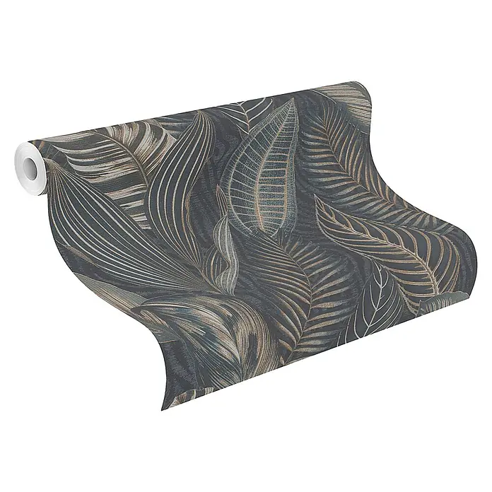 Rasch African Queen III Vliestapete Blatt - Blau- Gold, Floral, 10,1 x 0,53 m - Eine Rolle stilvolle Tapete mit einem Muster aus dunklen tropischen Blättern mit goldenen Akzenten. Perfekt für eine moderne und elegante Raumgestaltung.