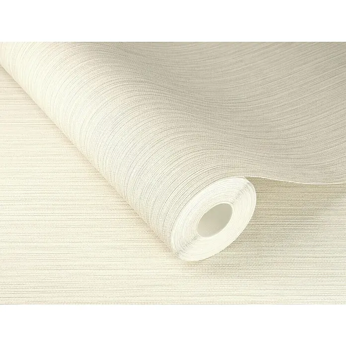 Rasch Curiosity Vliestapete - Creme, Uni, 10,1 x 0,53 m - Nahaufnahme einer Rolle strukturierten, cremefarbenen Vinyltapete, die ihre feine, horizontale Textur und das dezente Design betont.