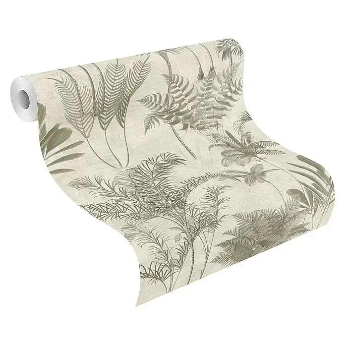 Rasch Lirico Fototapete Palme - Grün- Gold, Vlies - Tapetenrolle, beige mit grünem Tropenlaubmuster.