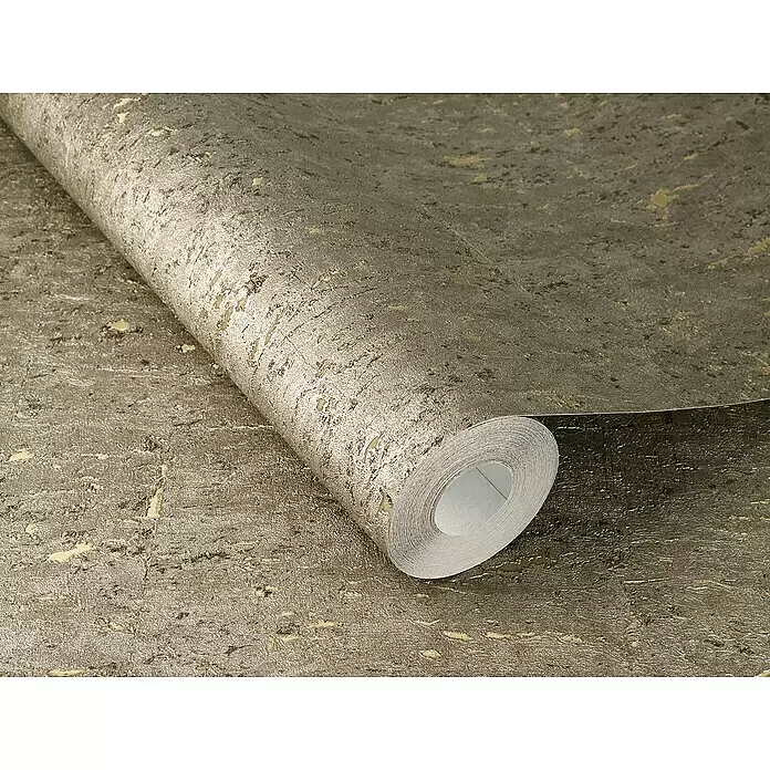 Rasch Curiosity Vliestapete Korkoptik - Kupfer, Holzoptik, 10,1 x 0,53 m - Strukturierte Metallic-Tapetenrolle in Bronze- und Goldtönen, teilweise abgerollt, um das Used-Muster zu zeigen.