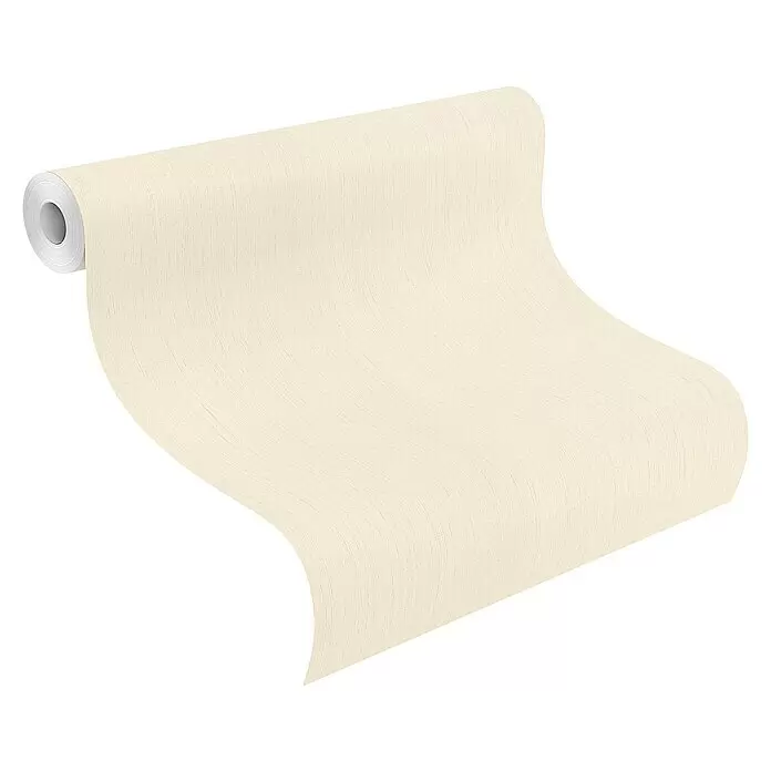 Rasch Indian Style Vliestapete - Hellbeige, Uni, 10,1 x 0,53 m - Beige, strukturierte Tapetenrolle teilweise abgerollt.