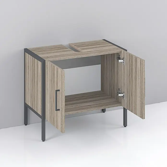 Riva Waschtischunterschrank Metal - 66,2 x 36 x 56 cm, Sanremo Rustico, Matt - Unterschrank mit zwei offenen Türen. Holzdesign mit dunklem Metallrahmen.