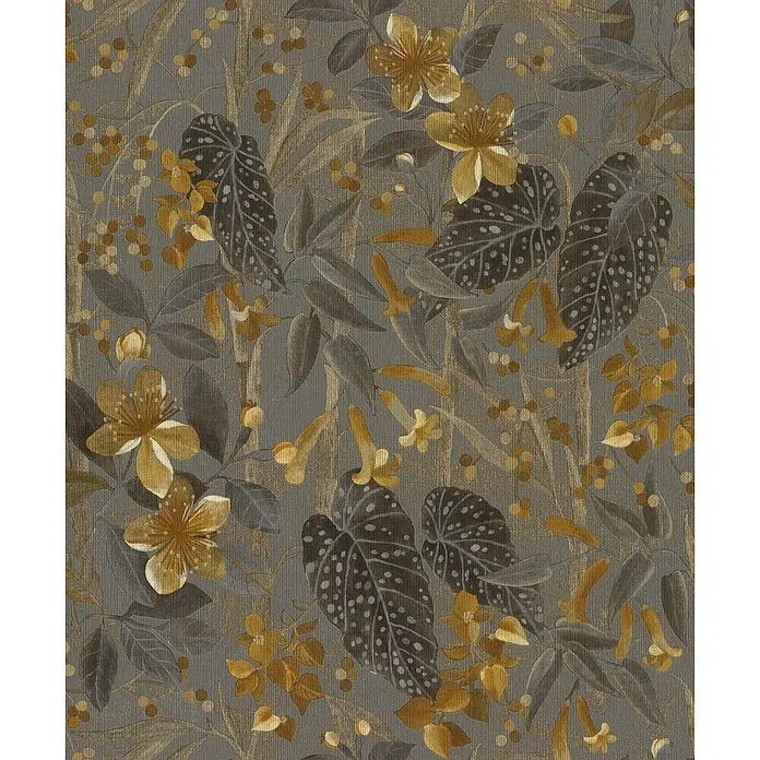 Rasch Curiosity Vliestapete Blume - Bronze, Floral, 10,1 x 0,53 m - Elegantes florales Muster in Gold und Grau. Die Tapete zeigt Blätter und Blüten in einem stilvollen Design für moderne Wohnräume.
