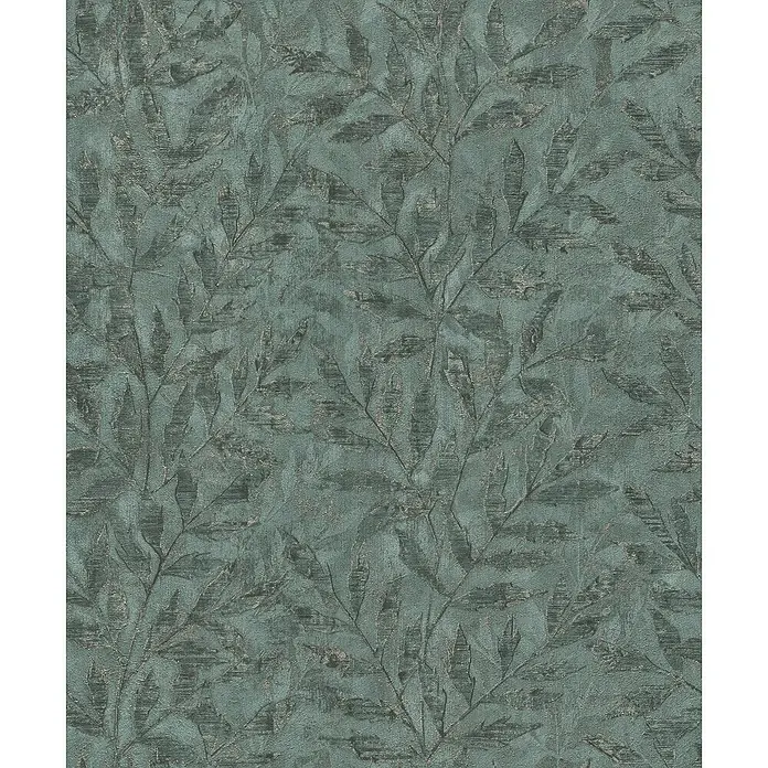 Rasch Factory V Vliestapete Blatt - Grün, Floral, 10,1 x 0,53 m - Ein detailreiches Bild eines strukturierten, smaragdgrünen Tapetenmusters mit filigranen Blattmotiven, ideal für moderne Raumgestaltung.