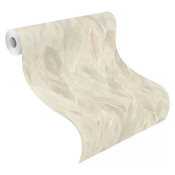Rasch Curiosity Vliestapete Blatt - Beige, Floral, 10,05 x 0,53 m - Heller beigefarbener Tapetenrolle mit zartem Feder-Muster entrollt.