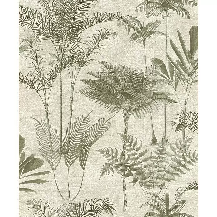 Rasch Lirico Fototapete Palme - Grün- Gold, Vlies - Dschungelmotiv mit gedämpften grünen Palmen und Farnen auf hellem strukturiertem Hintergrund.