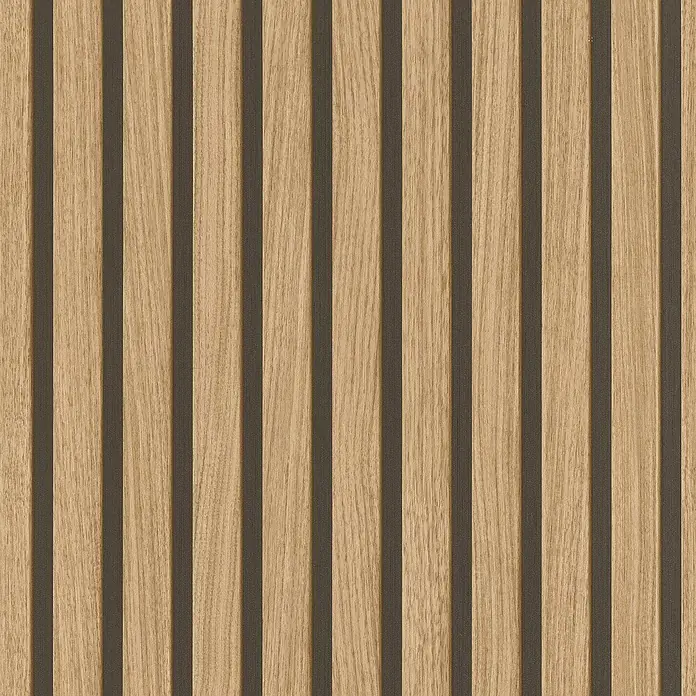 Rasch Factory V Vliestapete Wandpaneele - Braun- Schwarz, Holzoptik, 10,1 x 0,53 m - Holzpaneele für Wand- oder Deckendekoration. Das Produkt zeigt helle Holzlamellen mit dunkleren, schmaleren Abständen dazwischen.