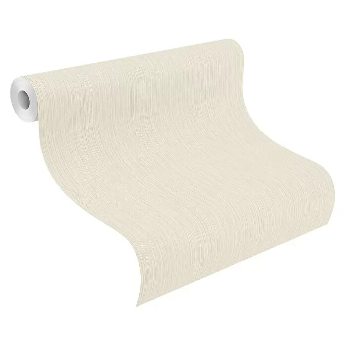 Rasch Curiosity Vliestapete - Creme, Uni, 10,1 x 0,53 m - Helle beige strukturierte Tapetenrolle rollt sich ab.