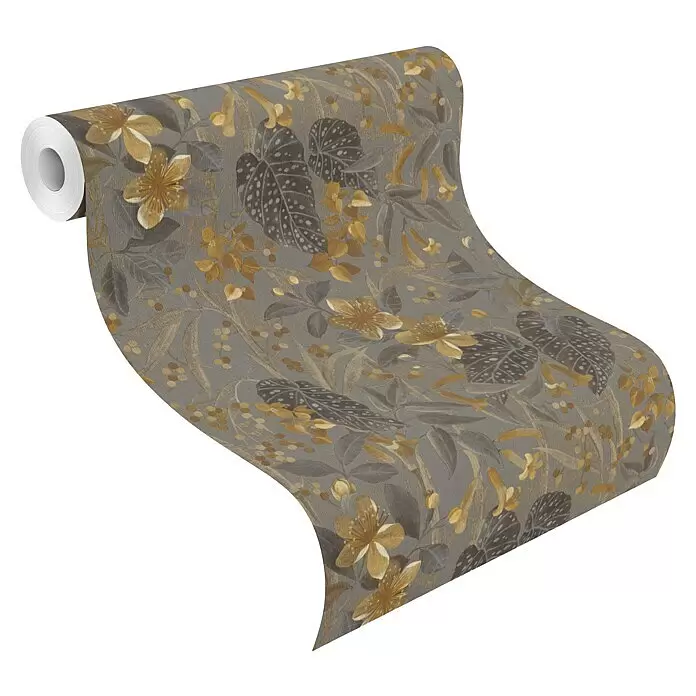 Rasch Curiosity Vliestapete Blume - Bronze, Floral, 10,1 x 0,53 m - Graue Tapetenrolle mit goldenem und dunkelgrauem Blumen- und Blattmuster.