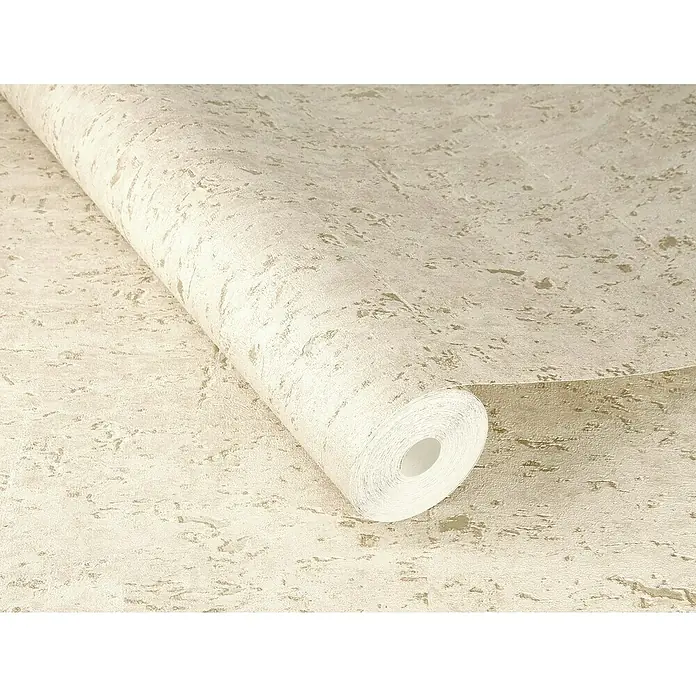 Rasch Curiosity Vliestapete Korkoptik - Beige, Holzoptik, 10,1 x 0,53 m - Nahaufnahme einer Rolle gemusterter Tapete in neutralen Farbtönen, die eine subtile Textur und ein elegantes Design zeigt.