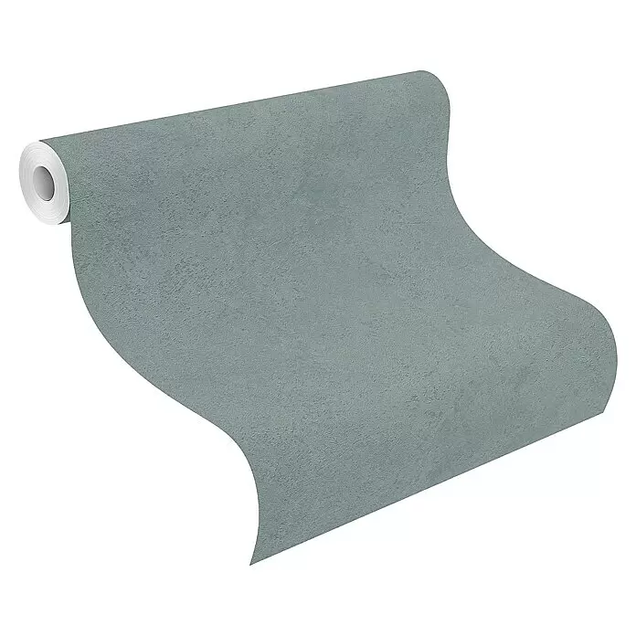 Rasch Factory V Vliestapete - Grün, Uni, 10,1 x 0,53 m - Strukturtapetenrolle in Schieferblau, teilweise abgerollt.