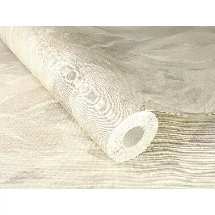 Rasch Curiosity Vliestapete Blatt - Beige, Floral, 10,05 x 0,53 m - Teilweise abgerollte, hellbeige Tapete mit feiner Textur und dezentem Wirbelmuster in gedämpften Farbtönen.