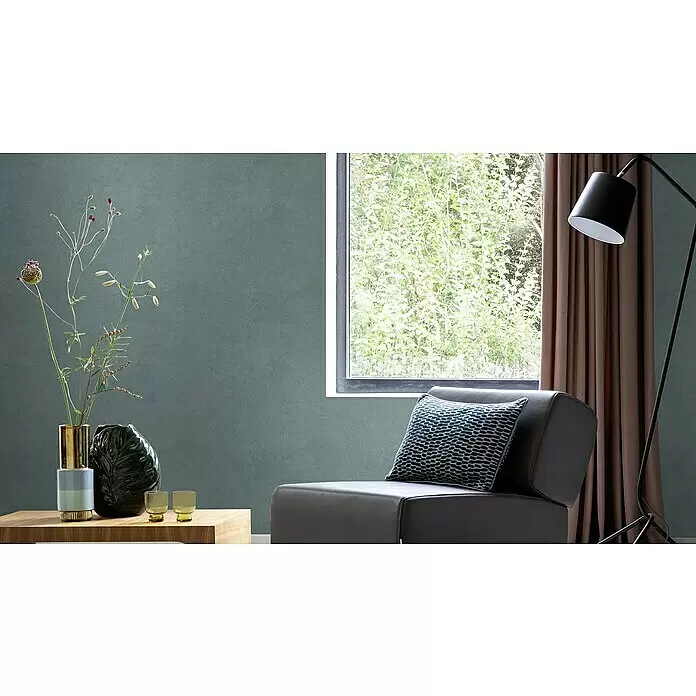 Rasch Factory V Vliestapete - Grün, Uni, 10,1 x 0,53 m - Strukturierte türkisgrüne Wandverkleidung schafft eine moderne, ruhige Atmosphäre im Wohnzimmer.