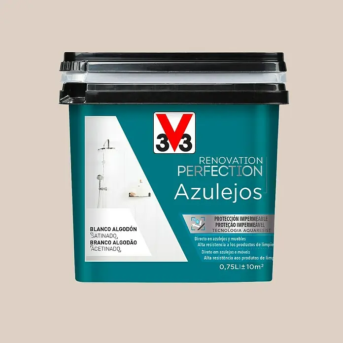 V33 Esmalte para azulejos Renovation Perfection - Centeno, 750 ml, Satinado - Cubo de pintura para azulejos "Renovation Perfection Azulejos" en blanco. Ideal para renovar azulejos y muebles con alta resistencia.