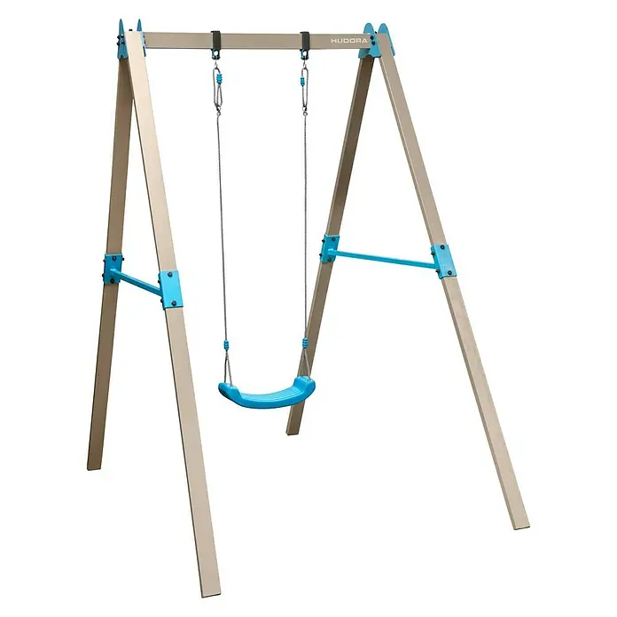 Hudora Schaukel Vario Basismodul V - B x L: 206 x 120 cm, Stahl - Nahaufnahme einer Hudora Schaukel mit blauem Sitz und hellem Gestell vor einem sauberen, weißen Hintergrund.