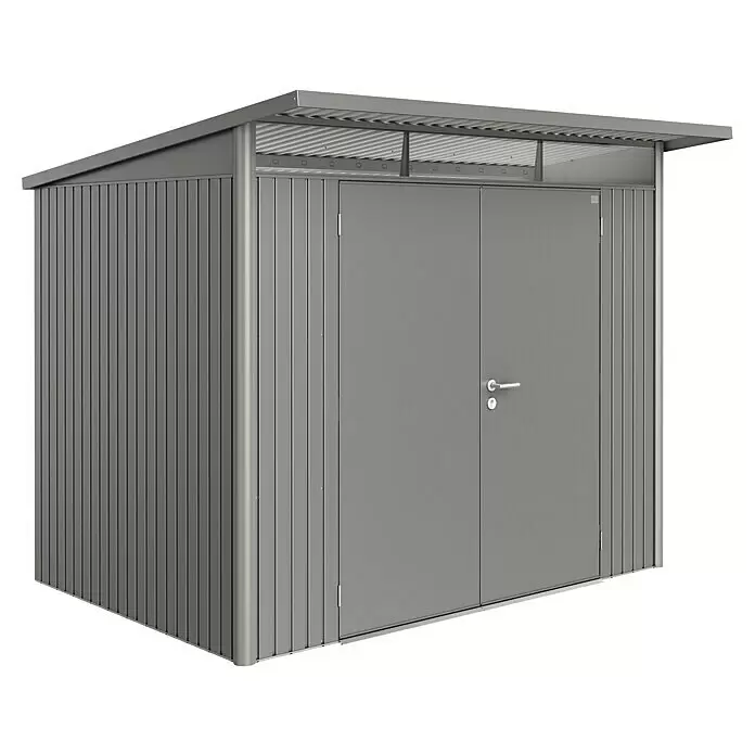 Biohort AvantGarde Gerätehaus AvantGarde A5 - Außenmaß inkl. Dachüberstand (B x T): 260 x 220 cm, Stahl, Quarzgrau, Doppeltür - Diagonale Ansicht