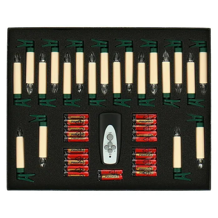 Velas de Navidad LED - 110 mm, Marfil, Color de luz: Blanco cálido, Número de bombillas: 20 ud., IP20 - Velas festivas inalámbricas para árbol de Navidad con mando a distancia y baterías, ideales para un ambiente cálido navideño.