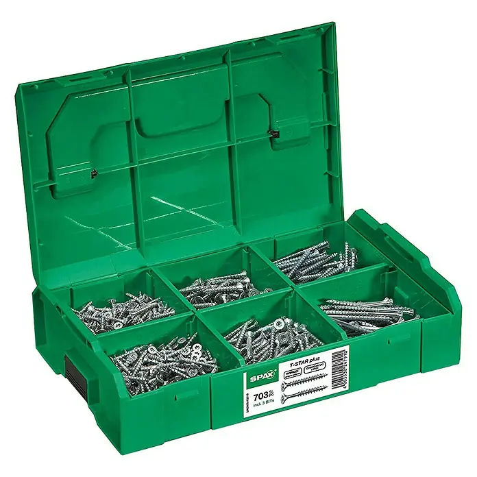 Spax Schrauben-Set L-Boxx - 703 -tlg. - Grüne Sortimentsbox von SPAX mit verschiedenen Schrauben und Bits, ideal für Heimwerker und Profis zur geordneten Aufbewahrung.