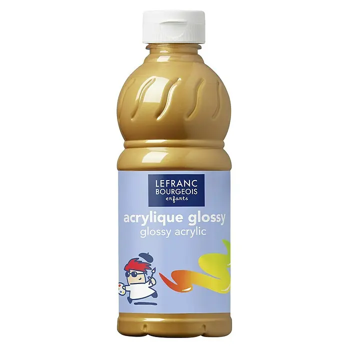Lefranc & Bourgeois Acrylfarbe Glossy - Gold, 500 ml, Flasche - Nahaufnahme einer Flasche Lefanc Bourgeois "Acrylique Glossy" Farbe für Kinder, ideal zum Malen mit glänzenden Finish.
