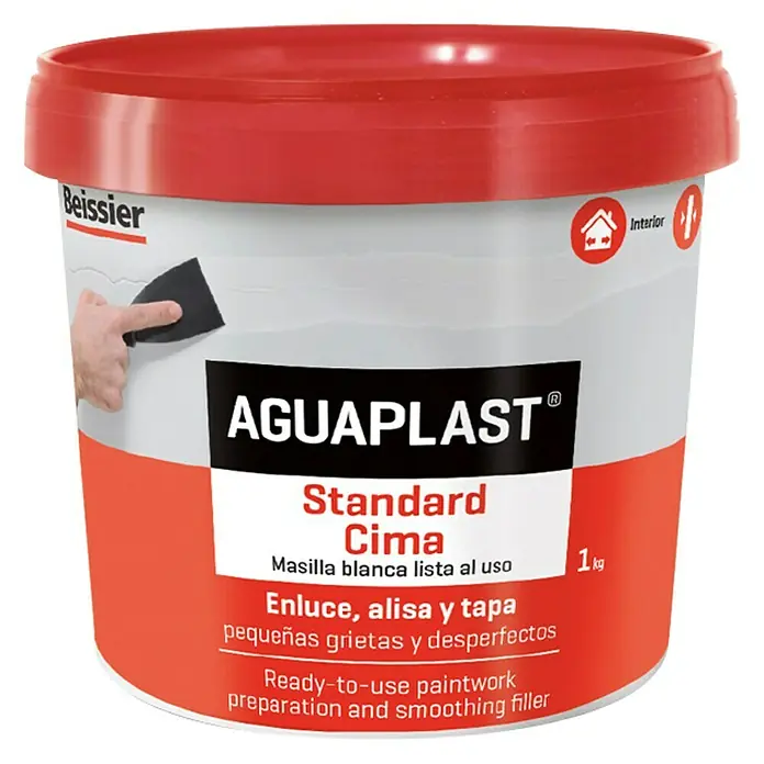 Beissier Aguaplast Masilla Standard Cima - 1 kg - Bote de AGUAPLAST Standard Cima, masilla blanca lista al uso para alisar pequeñas grietas e imperfecciones, ideal para interiores.