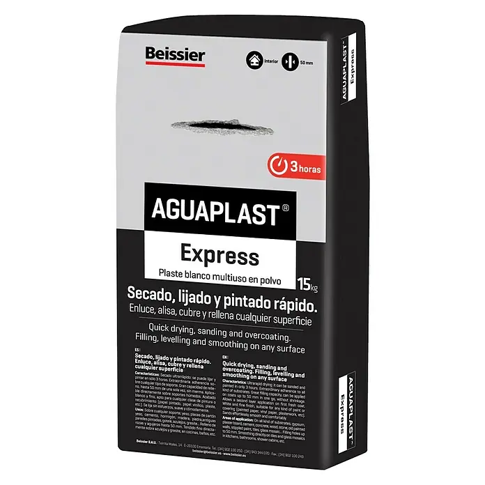 Beissier Aguaplast Plaste Express - Blanco, 15 kg - Paquete de emplaste de secado rápido AGUAPLAST Express para lijar, nivelar y recubrir cualquier superficie.