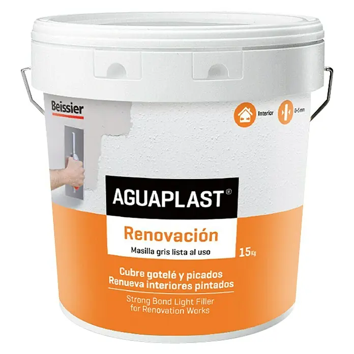 Beissier Masilla renovación Aguaplast - 15 kg - Bote de masilla gris lista al uso AGUAPLAST Renovación, ideal para parches interiores y trabajos de renovación.