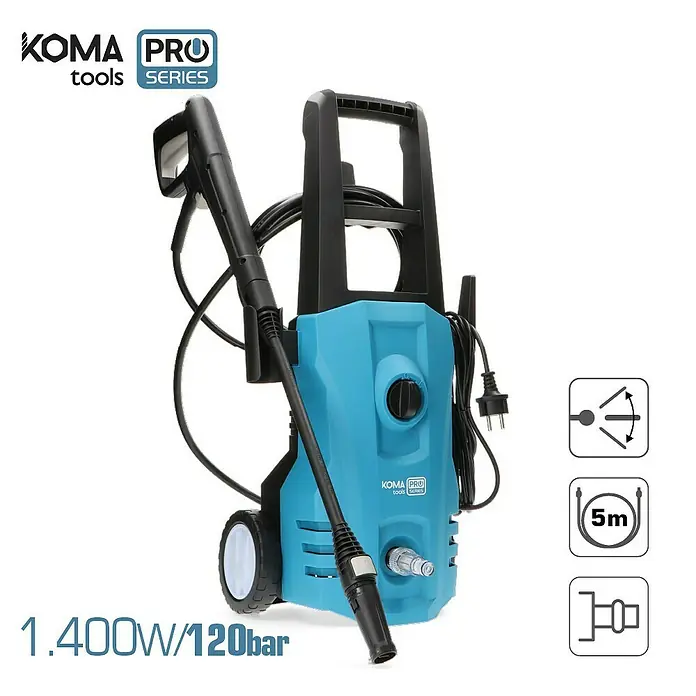 Koma Tools PRO Series Hidrolimpiadora de alta presión - 120 bar, 1.400 W, Capacidad de bombeo: 432 l/h - Imagen de una hidrolimpiadora KOMA PRO Tools Series con 1.400 W de potencia y 120 bares de presión para un uso exterior versátil.