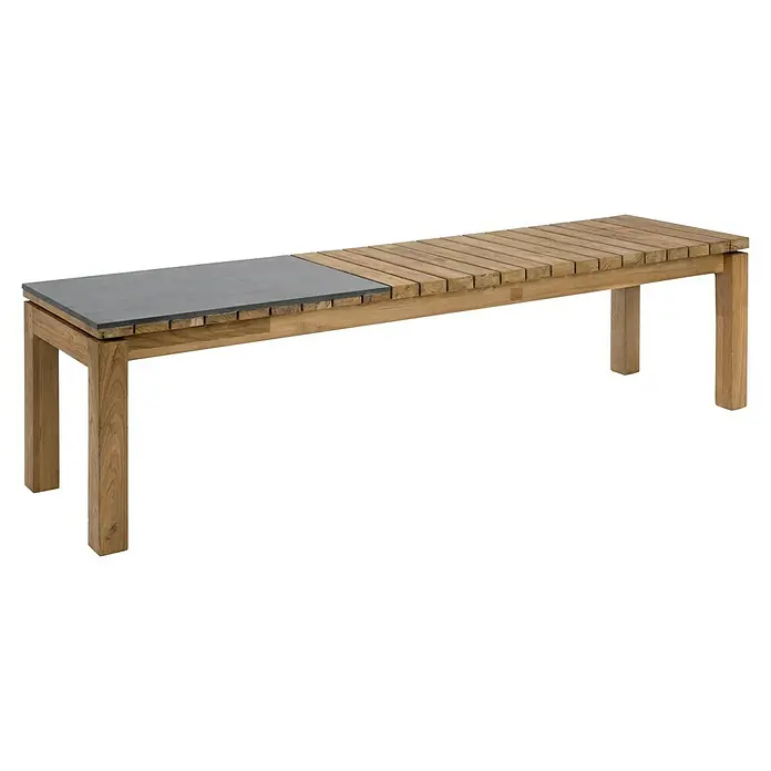 Gartenmöbel-Set Zoe/Eva - 5 -tlg., Teakholz/Keramik/Aluminium/Rattan, Naturbraun/Anthrazit - Diese stilvolle Bank mit Holzlatten und einer grauen Steinplatte ist ein modernes Möbelstück für den Innen- und Außenbereich.
