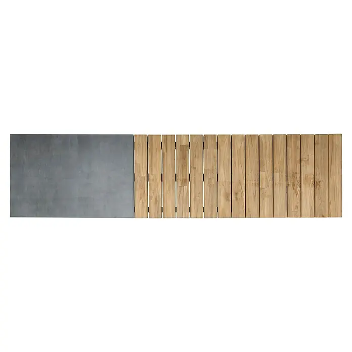 Sunfun Zoe Gartenbank - B x T x H: 180 x 45 x 45 cm, Teak/Keramik, Naturfarben - Tischplatte mit einer Seite aus Holzplanken und einer Seite aus grauem Stein, die eine robuste und stilvolle Oberfläche bietet.