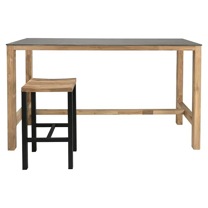 Sunfun Zoe Garten-Barhocker - Teak, Stahl, Braun/Grau, B x T x H: 46 x 36 x 75 cm - Das Bild zeigt einen Bartisch mit einer grauen Tischplatte und einen Barhocker mit schwarzem Gestell und einer Holzsitzfläche.