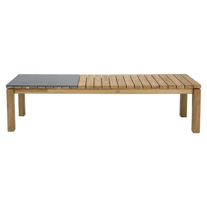 Sunfun Zoe Gartenbank - B x T x H: 180 x 45 x 45 cm, Teak/Keramik, Naturfarben - Rechteckiger Esstisch mit einer grauen Platte auf der einen Seite und Holzlatten auf der anderen Seite für ein stilvolles Ambiente.