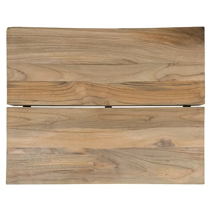 Sunfun Zoe Garten-Barhocker - Teak, Stahl, Braun/Grau, B x T x H: 46 x 36 x 75 cm - Nahaufnahme eines Holzmöbelstücks mit einer glatten, natürlichen Holzmaserung und einer klaren Linie, die zwei Abschnitte trennt.