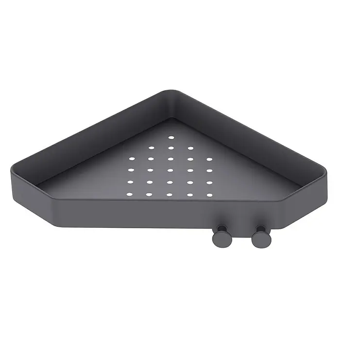 Cesta de baño angular Blend - 21 x 21 x 4,5 cm, Aluminio, Negro - Estante esquinero de metal gris. Diseño práctico con orificios de drenaje, ideal para ducha o baño.