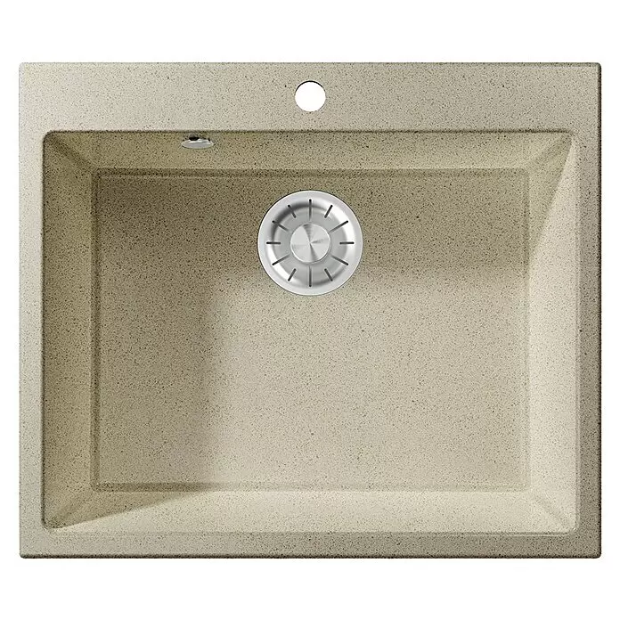 Atron Fregadero encastrable Binary - 50,3 x 59,1 cm, Crema, Brillante - Fregadero de granito beige claro con desagüe metálico y rebosadero.