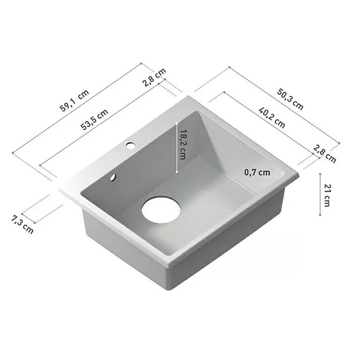 Atron Fregadero encastrable Binary - 50,3 x 59,1 cm, Blanco, Brillante - Fregadero de cocina gris claro de un seno con dimensiones indicadas.