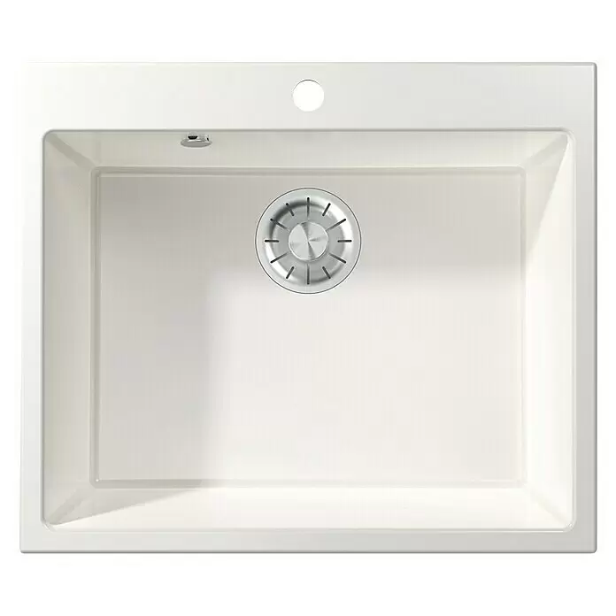 Atron Fregadero encastrable Binary - 50,3 x 59,1 cm, Blanco, Brillante - Fregadero de cocina blanco con desagüe cromado ranurado y orificio para grifo preperforado.