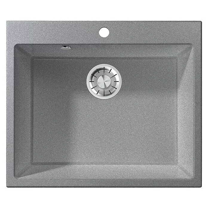 Atron Fregadero encastrable Binary - 50,3 x 59,1 cm, Plata, Brillante - Fregadero de cocina de composite gris con un seno, acabado texturizado, desagüe metálico integrado y orificio para grifo.
