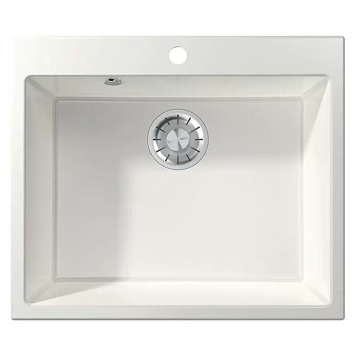 Atron Fregadero encastrable Binary - 50,3 x 59,1 cm, Blanco, Mate - Fregadero de cocina blanco de una cubeta, de forma rectangular, con desagüe metálico y pequeño rebosadero.
